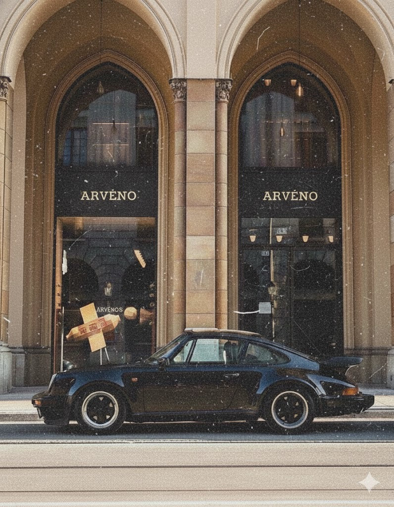 Black Porsche car parked in front of a building with 'Arveno' branding.